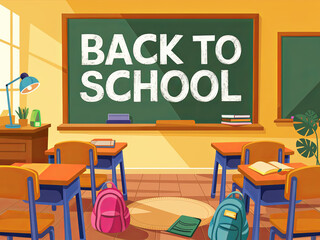 School desks, backpacks and blackboard in light classroom with the text “Back to School”