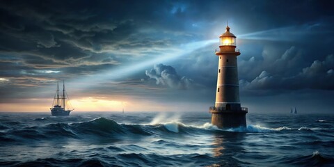 Tall lighthouse guiding ships in the dark ocean , night, light, beacon, navigation, maritime, safety, water, coastline, structure © Nasnunt