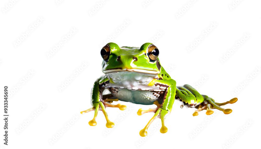 Poster frog splashes on a white isolated background. generative ai.