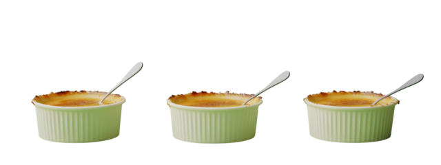 Crème brûlée, each with a creamy vanilla custard base, topped with a perfectly caramelized sugar crust that cracks under a spoon
