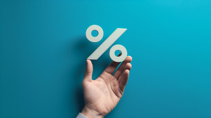 Human hand holding percentage symbol. Businessman or customer holding percentage sign on empty blue background. Business, finance, mortgage rates, value added tax or discount concept.