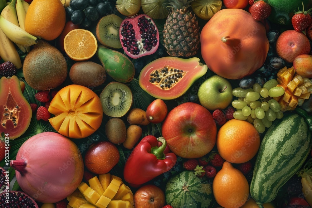Poster A colorful display of various fruits and vegetables arranged on a table or counter