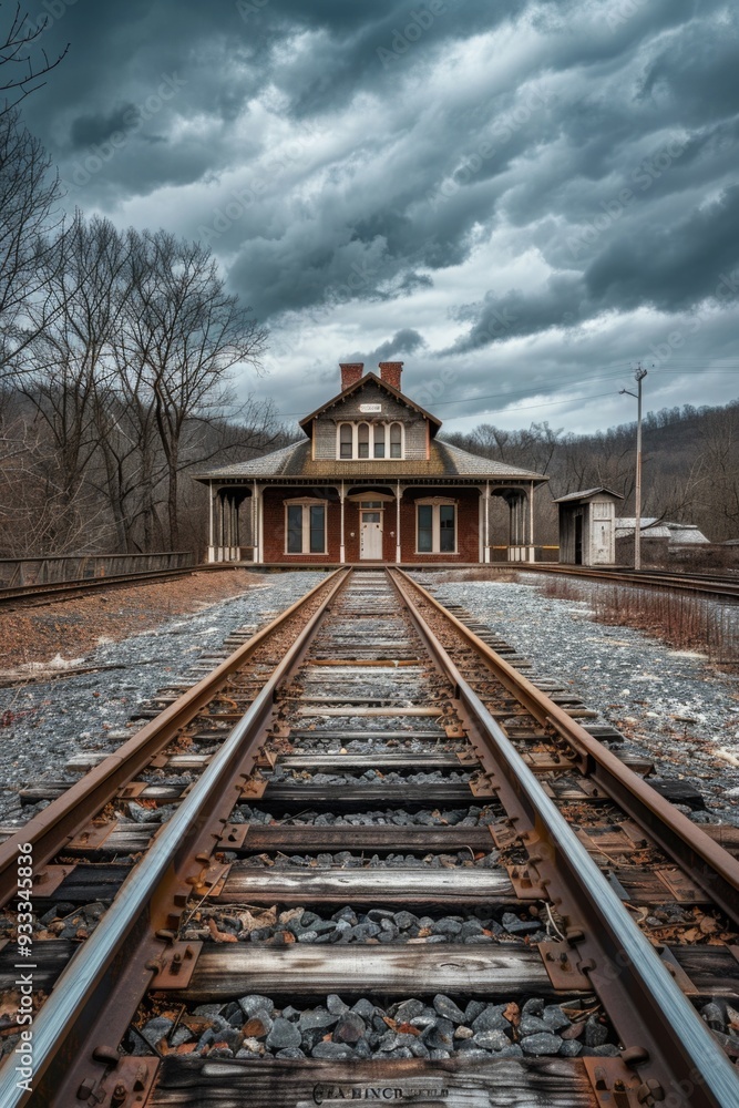 Poster Train track with a building in the background