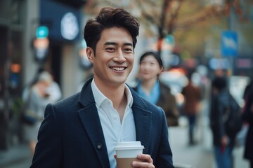 Portrait of a handsome Asian businessman with coffee cup, walking on street, people in background, smiling.