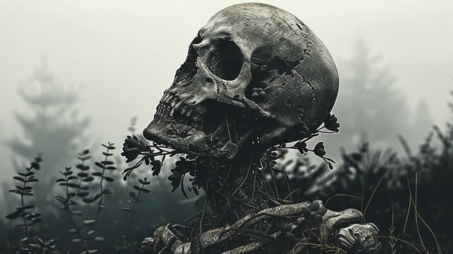 Halloween skeleton in growing in nature. Gray scary Halloween design, Grey filter. Spooky skeleton gothic 4k video Happy Halloween