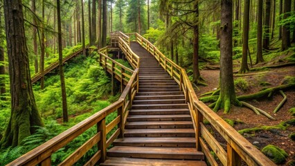 Obraz premium A wooden stairway winding through a dense forest , wilderness, nature, path, hiking, adventure, outdoors, tranquility