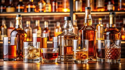 Variety of whiskey bottles and glasses on bar top , whiskey, bar, glass, alcohol, bottles, liquor, drink, bar top, selection