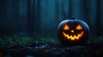 Spooky Haunted Pumpkin with Glowing Eyes in Eerie Forest Cartoon Style Setting with Copy Space, Selective Focus on Foreground, Ultra HD