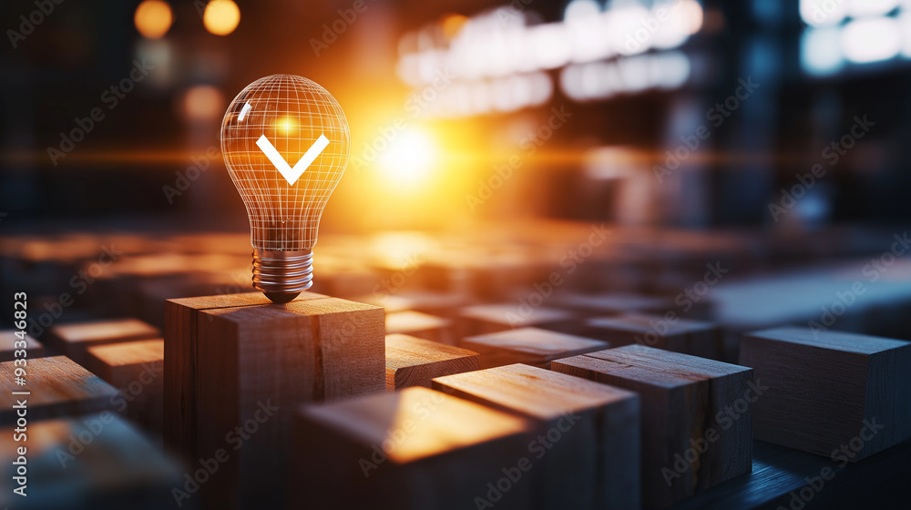 Poster a conceptual image of a light bulb on wooden blocks, bathed in light with a checkmark, highlighting 