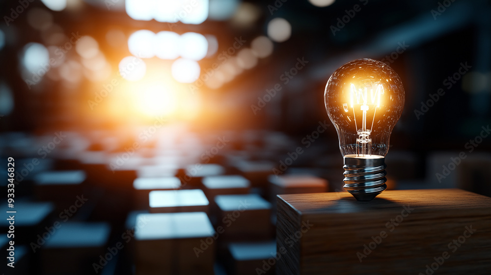 Poster a conceptual image of a light bulb on wooden blocks, bathed in light with a checkmark, highlighting 