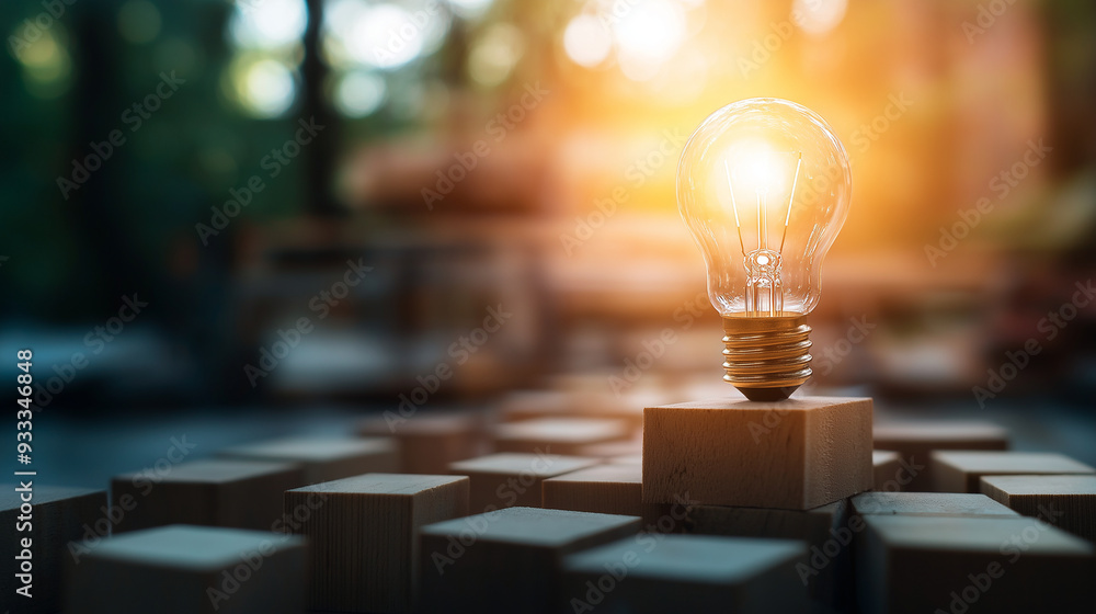 Poster a conceptual image of a light bulb on wooden blocks, bathed in light with a checkmark, highlighting 