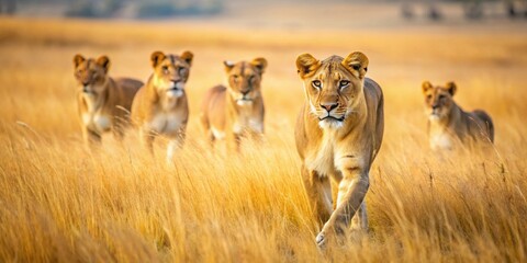 Lioness leading her pride across golden grasslands in the African wilds, lioness, pride, savannah, symphony, golden grasslands
