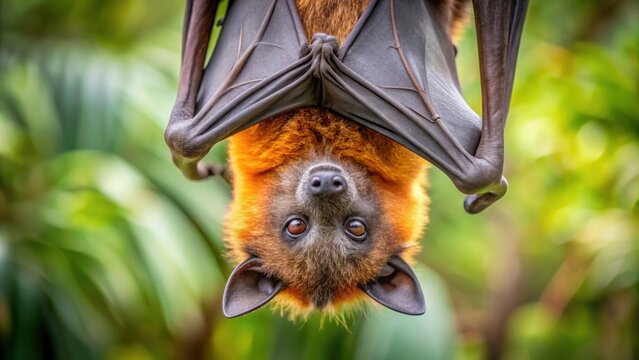 A close-up image of a flughund (flying fox) hanging upside down in a tree, flughund, flying fox, bat, wildlife, mammal