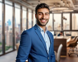 Portrait of a handsome businessman in a blue suit, smiling at the camera, with a modern office interior and cityscape in the background, copy space on the right.
