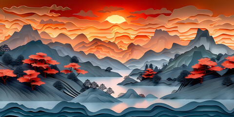 3d Blue, Yellow Papercut Art: Snowy Mountain Landscape with Sun, Cherry Blossoms. And Minimalist Winter Scenes of Nature Scene Papercraft Snowy Mountain River, Lake Forest Skyview Landscape Background