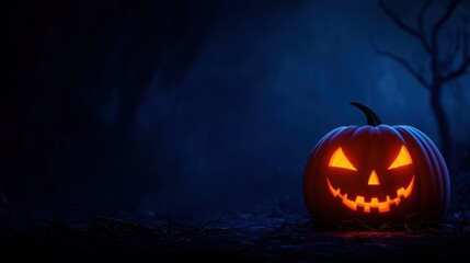 Naklejka premium Spooky Cartoon Pumpkin with Ghostly Aura in Haunted House at Eerie Night, Copy Space, Selective Focus,