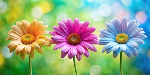 Close-up of three colorful daisies in a row , flowers, trio, vibrant, petals, nature, garden, bouquet, botanical, plant, arrangement
