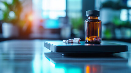 A sleek scale with a pill bottle on top, highlighting the role of medication in weight management and the pursuit of fitness goals