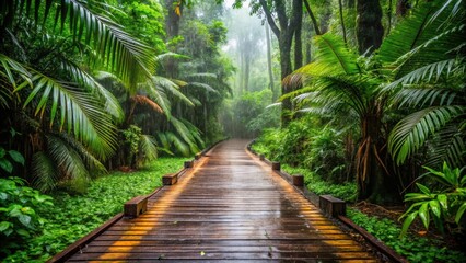 Obraz premium Tropical rainforest wooden path in the rain , Jungle, tropical, downpour, raindrops, earthy, scents, sensory, symphony