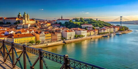 Scenic view from bridge in Lisbon overlooking the city and river , Lisbon, Portugal, viewpoint, bridge, cityscape
