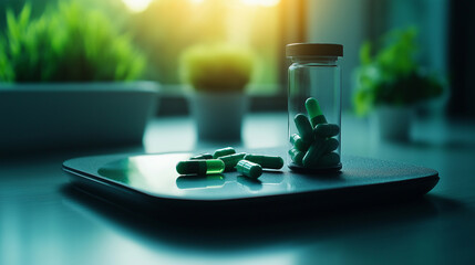 A pill bottle standing on a scale, highlighting the importance of medication in achieving weight loss and maintaining overall health