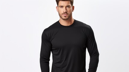 Obraz premium Athletic man showcasing plain black boxer shorts mockup on white background for sportswear display