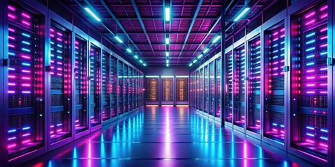 Obraz premium Futuristic server room with pink and blue lights, technology, abstract, background, server room, futuristic, lights, pink
