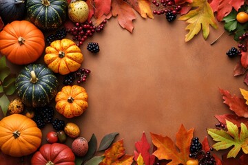 Fall Harvest Border with Pumpkins, Gourds, and Autumn Leaves