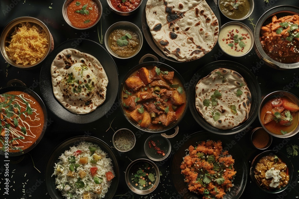 Poster a table filled with various types of food, great for editorial or commercial use