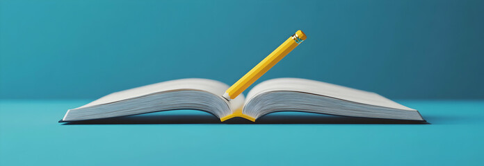 Yellow pencil writing in open book on blue background. 3d render