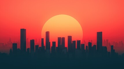 Fototapeta premium A vibrant sunset casts a warm glow over a city skyline, creating a stunning urban silhouette against the colorful sky.