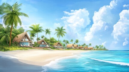 A beach scene with palm trees and houses in the background