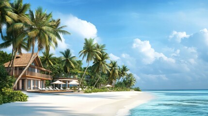 Fototapeta premium A beach scene with palm trees and houses in the background