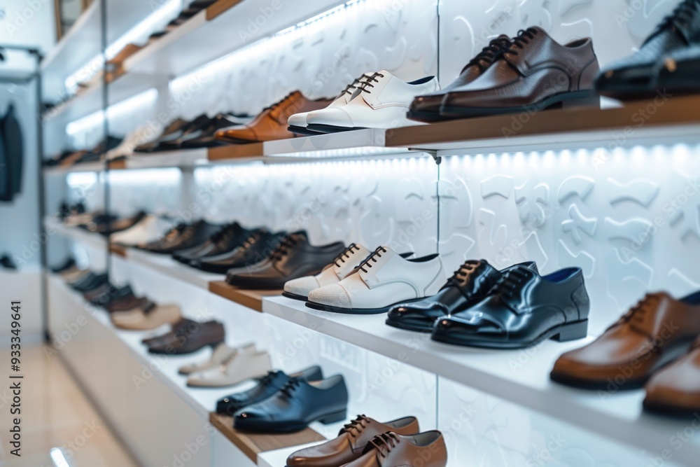 Aufkleber a row of shoes displayed on a shelf in a retail store