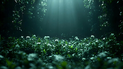 Fototapeta premium A single ray of light shines through a dense forest canopy illuminating a field of white wildflowers.