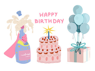 Happy Birthday stickers collection in flat retro 90s style. Champagne bottles, vintage cakes, cocktail glasses and gift box with balloons on a white background. Birthday greeting vector poster