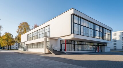 Fototapeta premium Modern architecture building with large windows and a concrete patio.