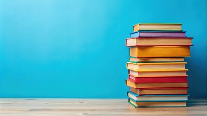 Fototapeta premium Colorful stack of books on blue background, perfect for book lover's collection or literary treasures