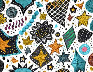 Fun colorful doodle shapes seamless pattern. Childish style charcoal drawing. Hand drawn. Generative AI.