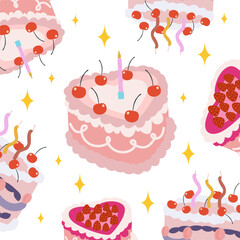 Retro cakes collection for birthday, wedding, valentine's day and other holiday. Vector cake background. Vintage cream cake pattern with decorations