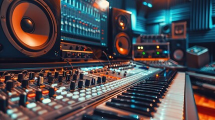 A sound board with speakers and a keyboard, ideal for music production or live events