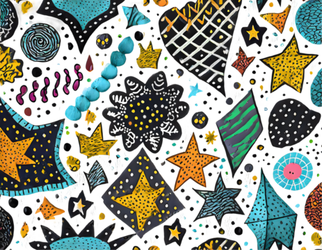 Fun colorful doodle shapes seamless pattern. Childish style charcoal drawing. Hand drawn. Generative AI.