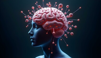 Semi-transparent human head with cybernetic brain, fused with electronic parts, quantum computer, AI