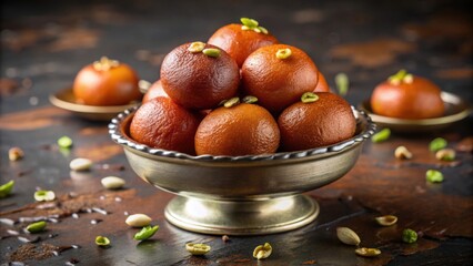 Delicious Indian dessert Gulab Jamun served in a silver bowl and garnished with pistachios , Indian cuisine, sweet