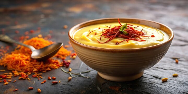 Creamy sweet Rabdi with saffron garnish in a bowl over moody background at sweet shop, Rabdi, Rabri, sweet, dessert, Indian