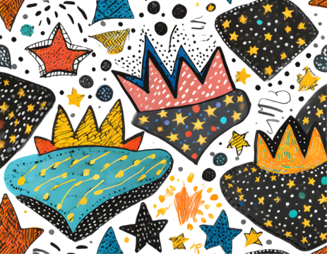 Fun colorful doodle shapes seamless pattern. Childish style charcoal drawing. Hand drawn. Generative AI.