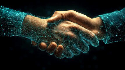 Hands engage in a handshake, depicted through a network of glowing connections, representing partnership and cooperation in a digital age.