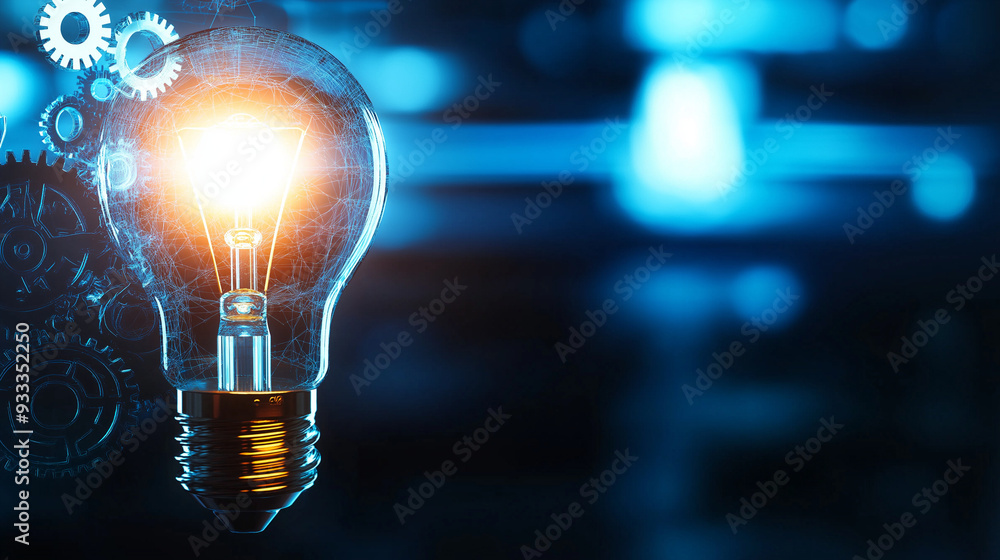 Poster a glowing lightbulb intertwined with rotating gears on a sleek background, representing the fusion o