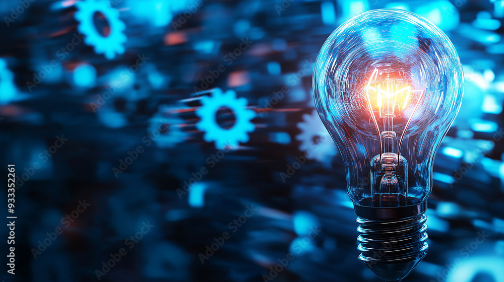 Poster a glowing lightbulb intertwined with rotating gears on a sleek background, representing the fusion o