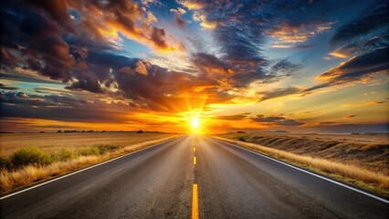Sunset casting a warm glow over a deserted road , sunset, road, twilight, dusk, evening, sky, clouds, horizon, landscape